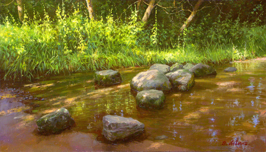 Заповедный уголок, Виктория Лёвина- лесная речка, прозрачная вода, камни, картина речной пейзаж