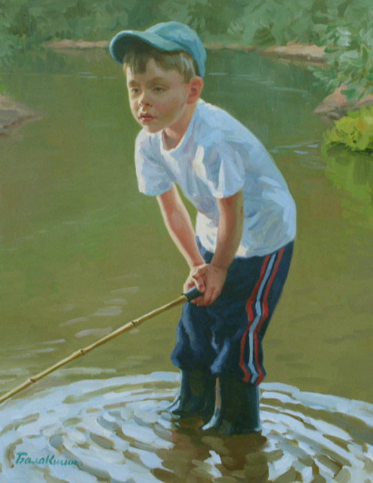 Young fisherman, Evgeny Balakshin- painting, summer, river, a boy with a fishing pole, fishing