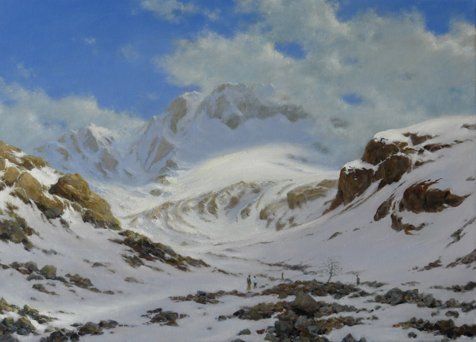 У подножья Уллу-Тау, Георгий Дмитриев- картина, снежные вершины гор, Кавказ, пейзаж, реализм