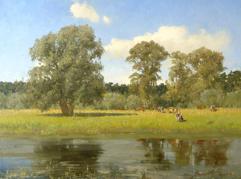 Волжская протока, Олег Леонов- картина, летний день, река Волга, стадо коров, лес, пейзаж