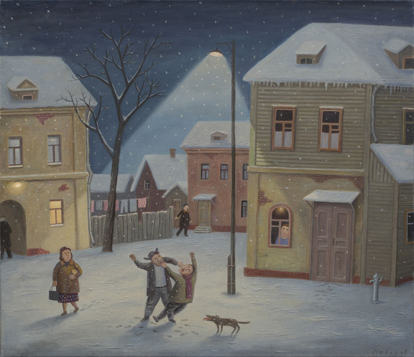 Scrimmage, Vladimir Lubarov- evening, town, street, winter, fight, genre painting