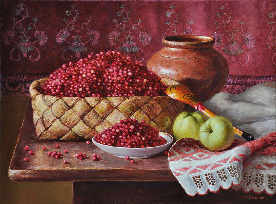 Still life with red whortleberry, Yuri Kudrin