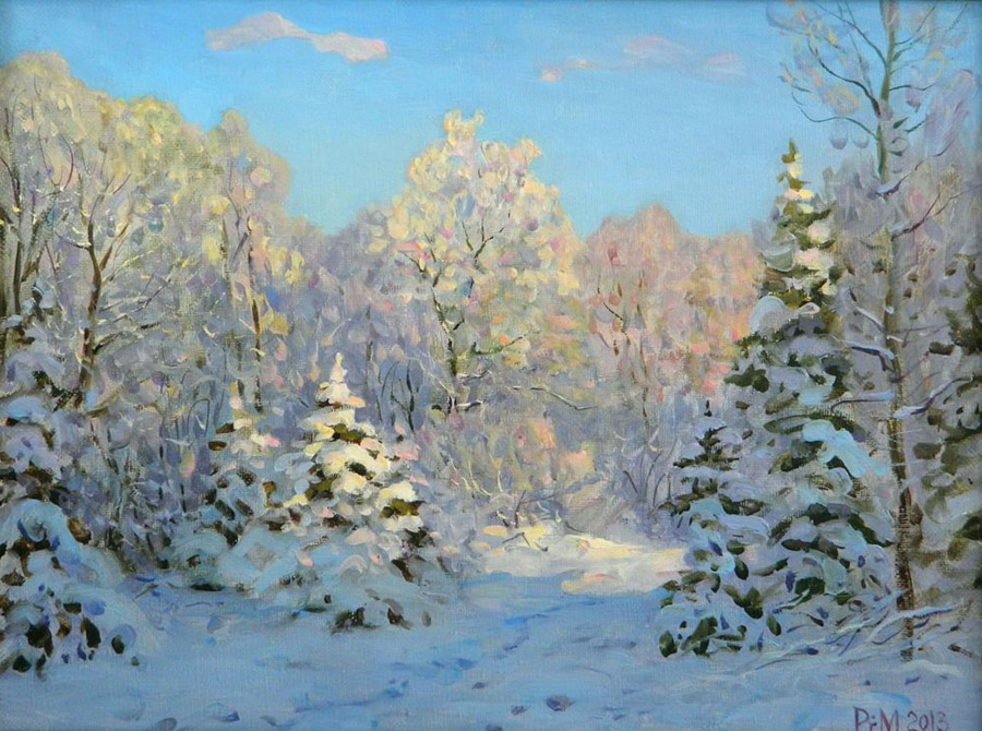 Hoarfrost, Rem Saifulmulukov- painting, winter, forest, spruce in the snow, realism, lands