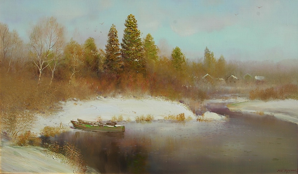 Весенняя тишина, Константин Дружин- картина, весенний пейзаж, лес, последний снег, река