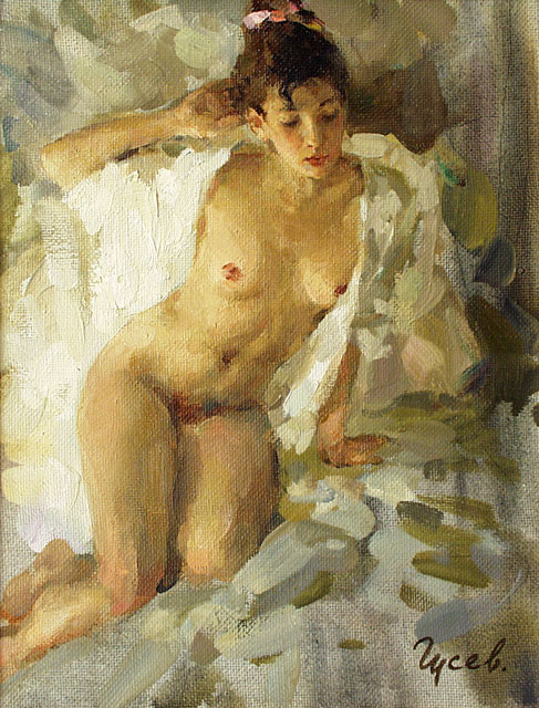 Morning, Vladimir Gusev- painting, morning, nude, girl, impressionism