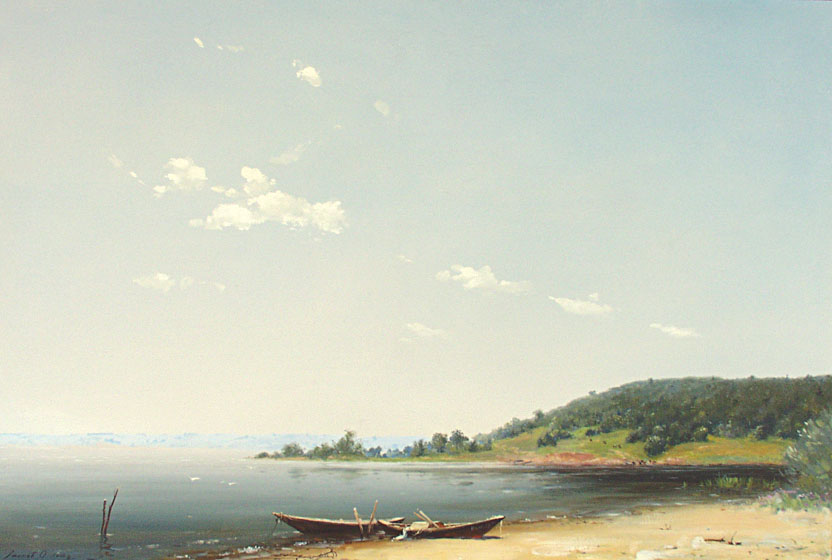 Volga. The village "Vasyuki", Oleg Leonov- painting, River Volga, a boat on the beach, summer day