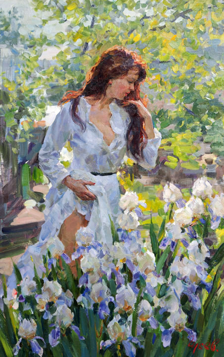 В ирисах, Владимир Гусев- картина, девушка, весна, сад, цветы, ирисы