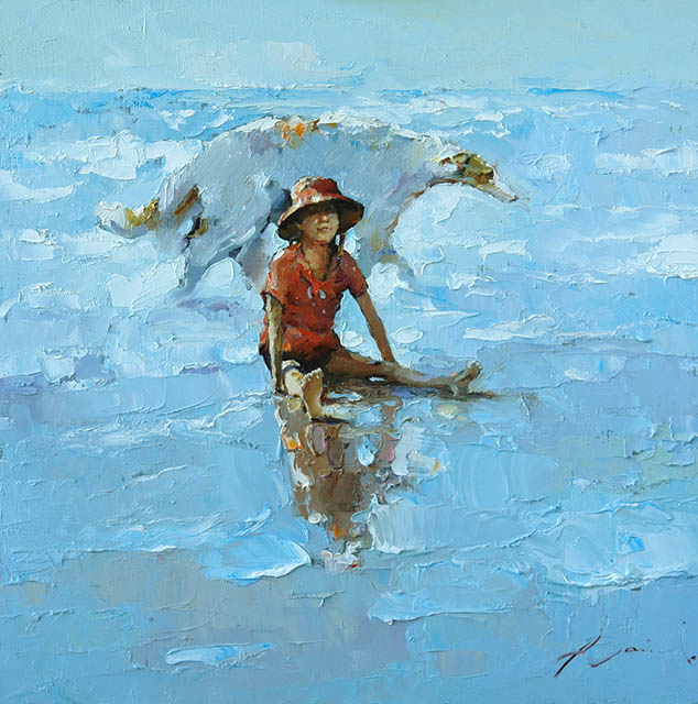 Yegoza, Alexi Zaitsev- girl in hat with dog, the beach, blue sea, painting