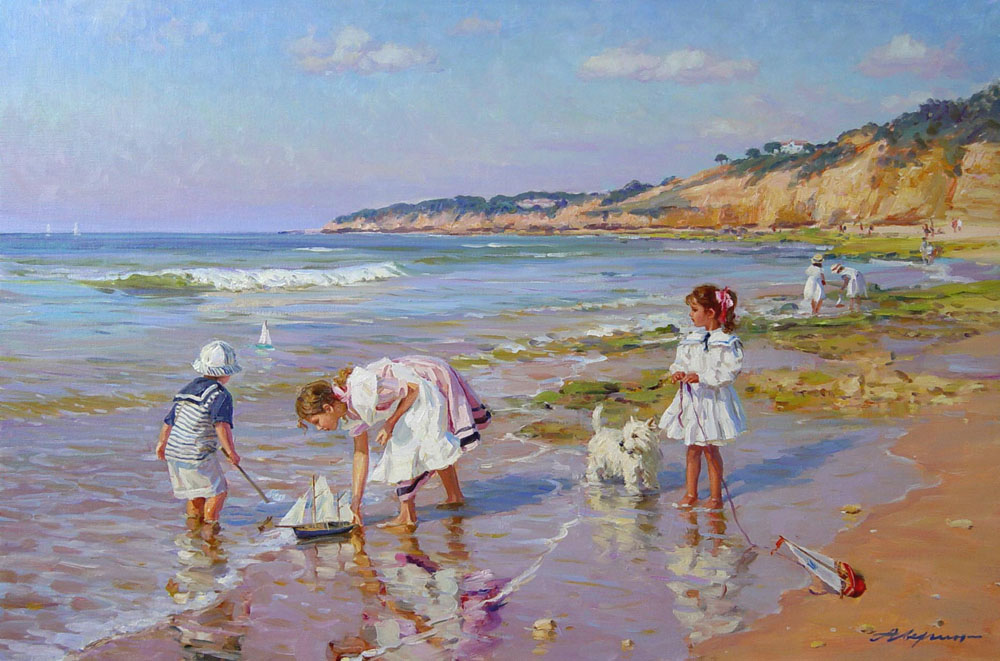 Launching the small ships, Alexandr Averin- Maritime genre painting, children of the sea , summer, v