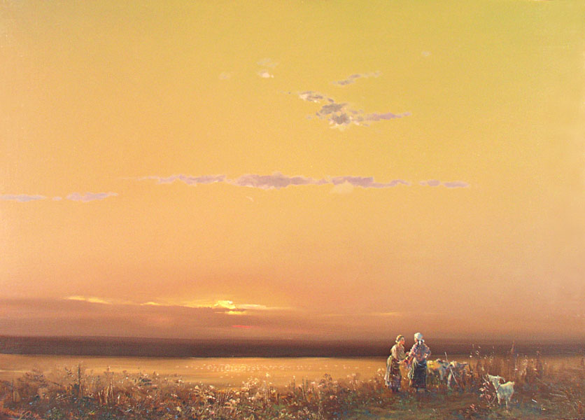 Girlfriends, Oleg Leonov- painting, bank of the river, walk, hot day