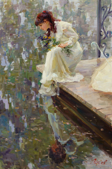 Отражение, Владимир Гусев- картина, летний день, девушка на мостике, река,импрессионизм