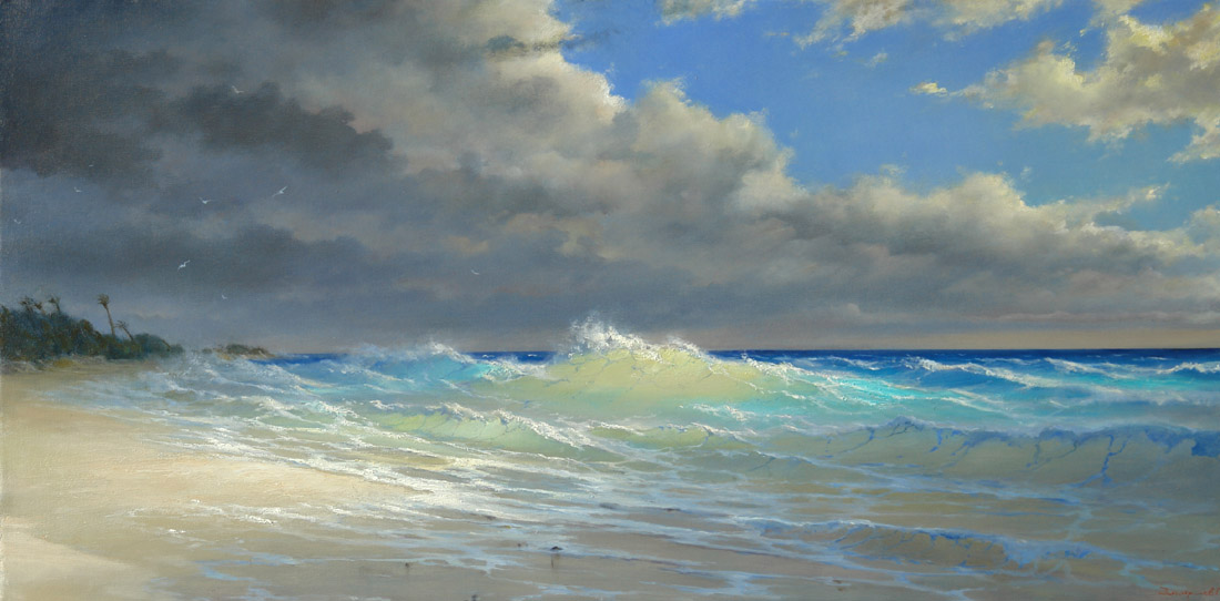 Along the coast of the Caribbean Sea, George Dmitriev- painting, seascape, blue wave, surf, seagulls, sky, clouds