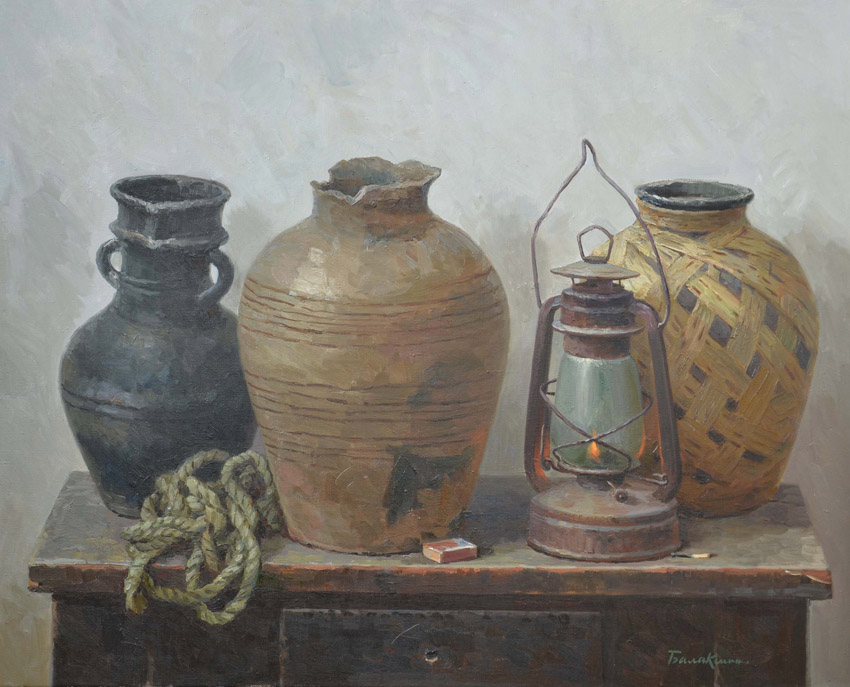 Clay giants, Evgeny Balakshin- painting, still life with ancient jugs, a table, a lamp