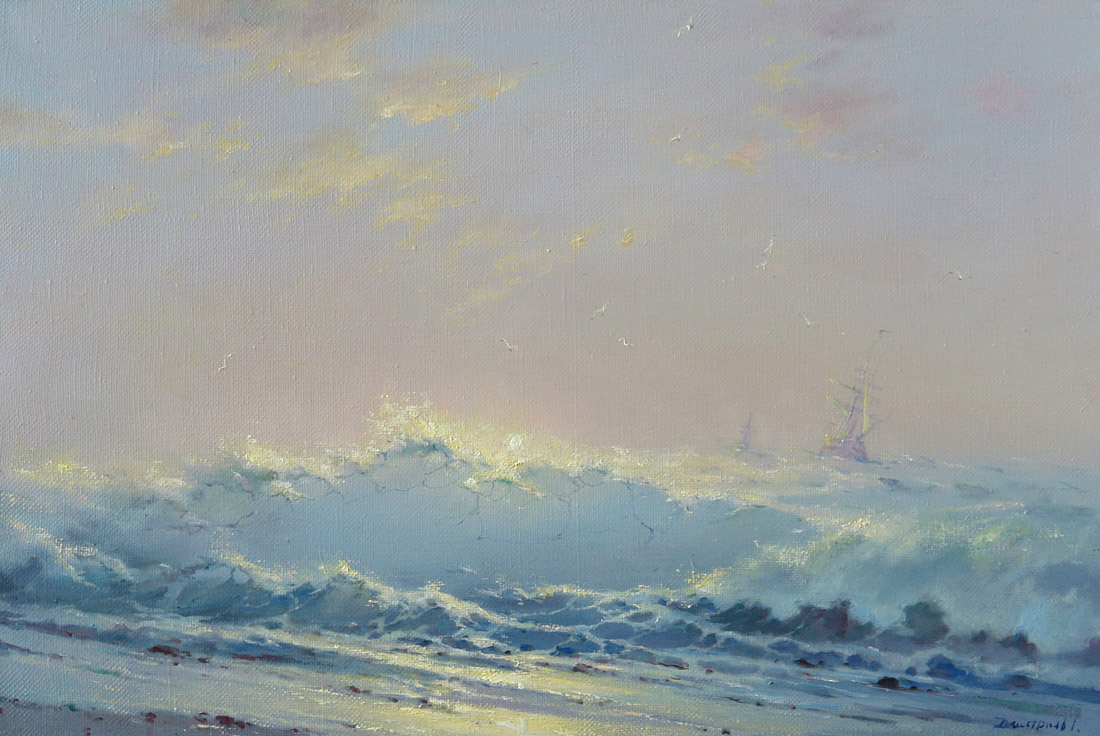 At dawn. Return, George Dmitriev- painting, sea, sailboats, seagulls, sunrise, big wave