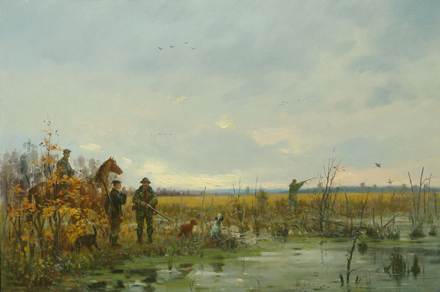 Duck hunting, Oleg Leonov- painting, hunter, duck hunting, dog, lake, realism