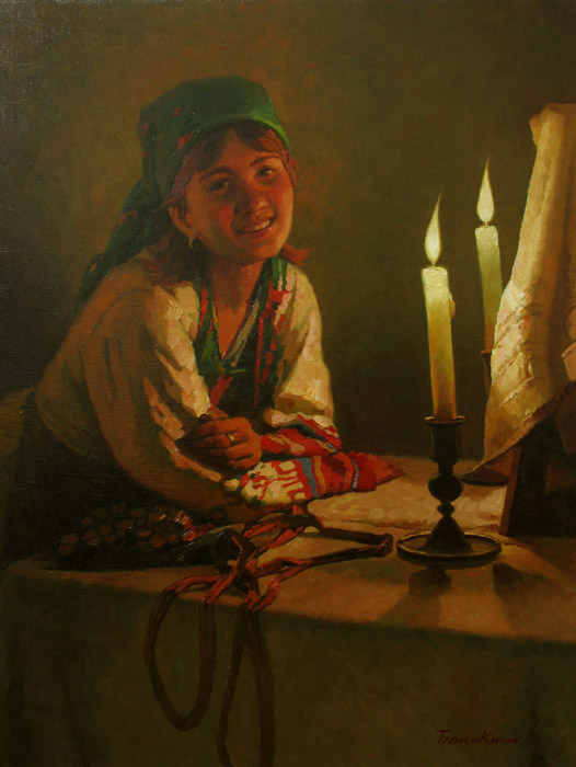 Epiphany evening, Evgeny Balakshin- painting, girl's portrait, candle, guessing, realism