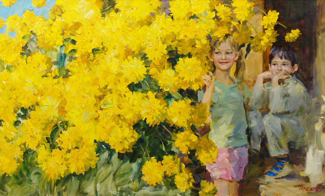 Golden balls, Vladimir Gusev- painting, summer, children, flowers, vacation