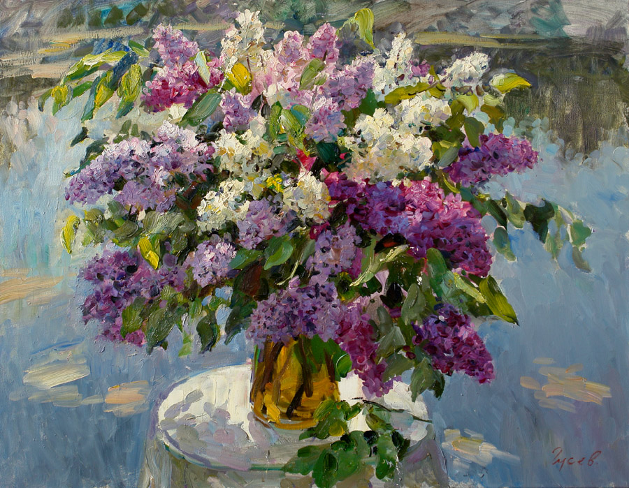 Lilac, Vladimir Gusev- painting, spring, bouquet of lilac, impressionism