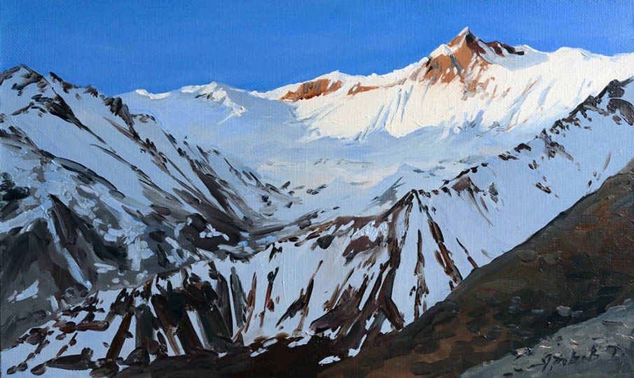 Khangsar Kang in the morning, Dmitry Yarovov- mountain landscape, Nepalese series, painting, realism