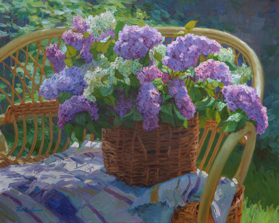 Lilacs in the Basket, Evgeny Balakshin- painting, spring sunny day, a bouquet of lilac, basket