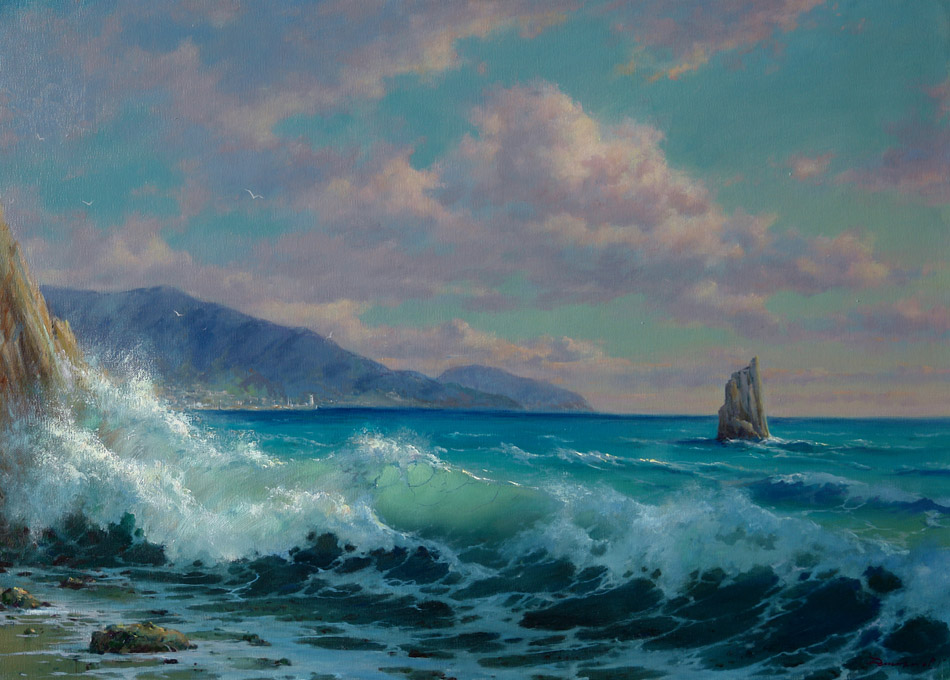 Rock-sail. Crimean motive, George Dmitriev- painting, seascape, Crimea, mountains,surf,wave at the shore