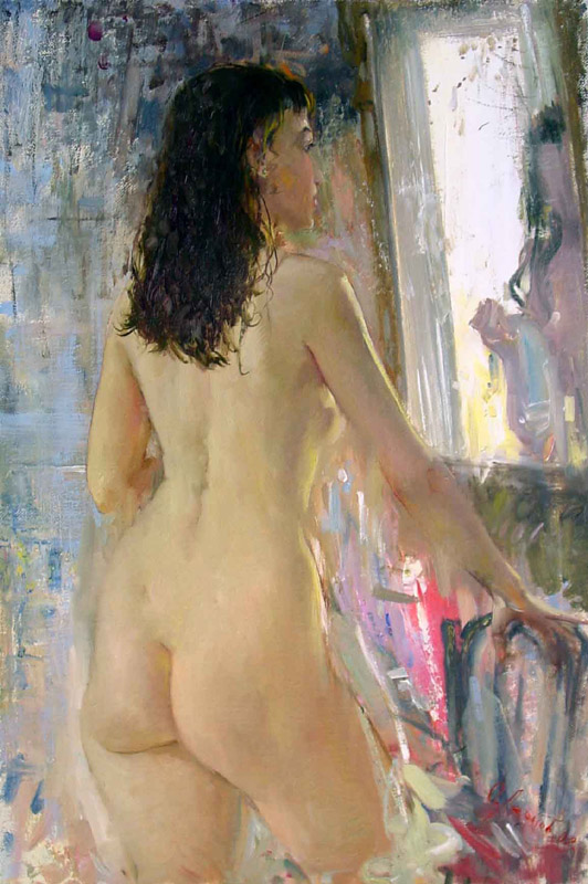 Morning view, Oleg Leonov- painting, naked girl in front of a mirror, a woman's body