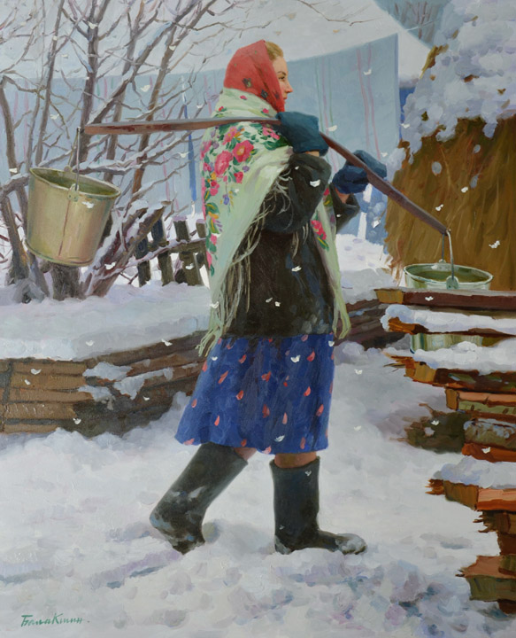 За водой, Евгений Балакшин- картина, зимний день, деревня, русская девушка, реализм