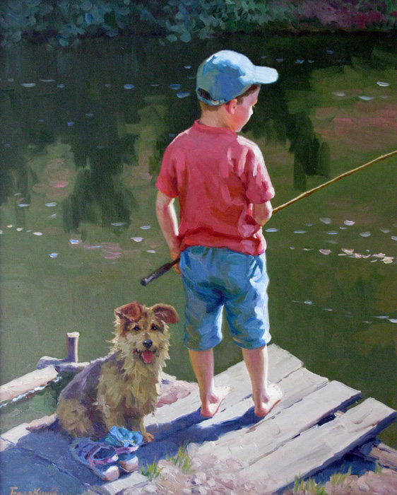 На рыбалке, Евгений Балакшин- картина, лето в деревне, мальчик с собакой на рыбалке, река