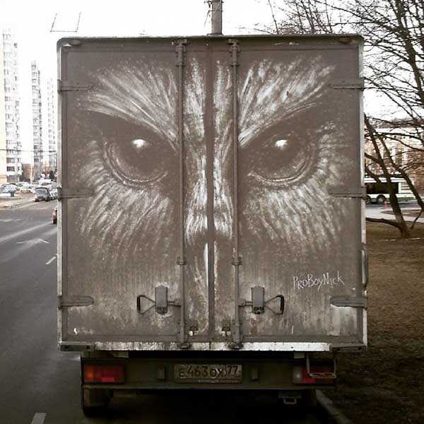 Moscow artist Nikita Golubev turns unwashed cars into masterpieces
