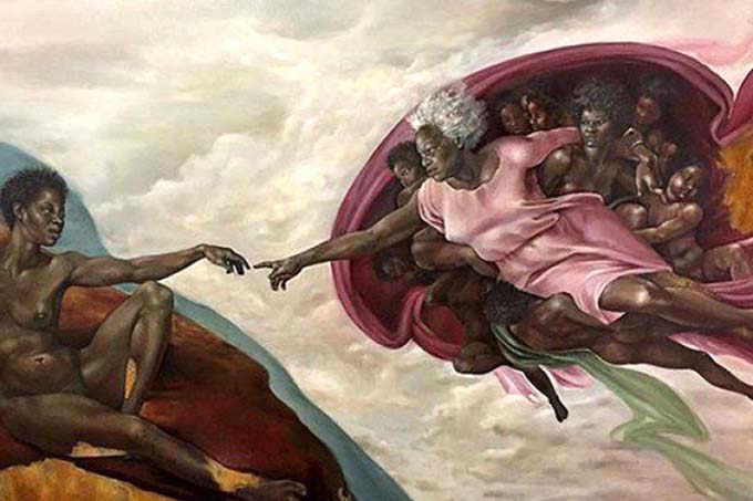 The artist replaced the characters of the fresco by Michelangelo "The Creation of Adam" by black women