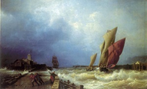 Вход рыбачьего судна в бурю в гавань Сен-Валери в Ко (Франция)