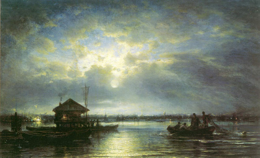 Summer Night on the Neva River at the seaside, 1875, Bogolyubov Alexey, The Tretyakov Gallery, Moscow paintings to artist of ArtRussia