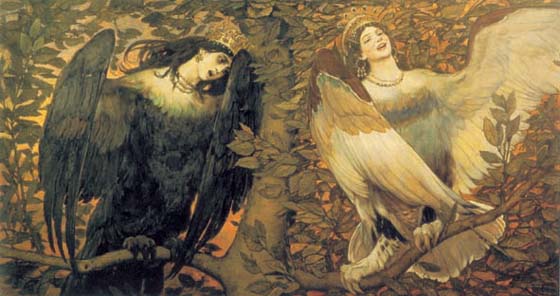Sirin and Alkonost. A song of pleasure and grief, 1896, Vasnetsov Viktor, The Tretyakov Gallery, Moscow paintings to artist of ArtRussia