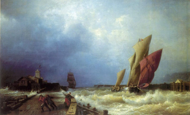 Sign a fishing vessel in a storm in the harbor of Saint-Valery in Caux (France), 1859, Bogolyubov Alexey, The Russian Museum, St.Petersburg paintings to artist of ArtRussia