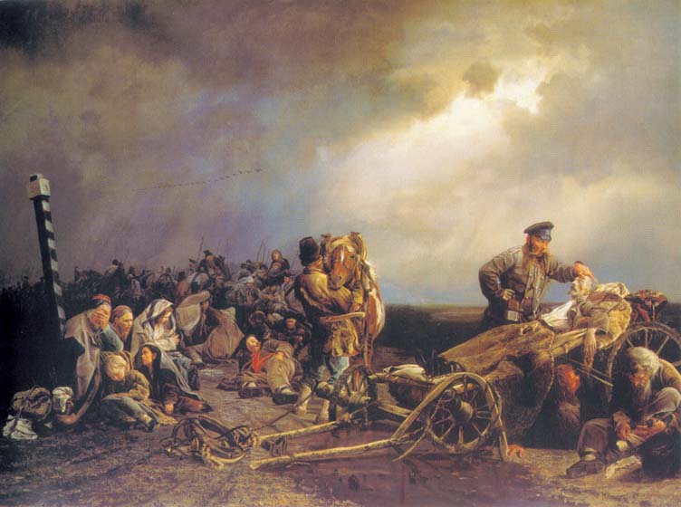 Halt of prisoners, 1861, Jacobi Valery, The Tretyakov Gallery paintings to artist of ArtRussia