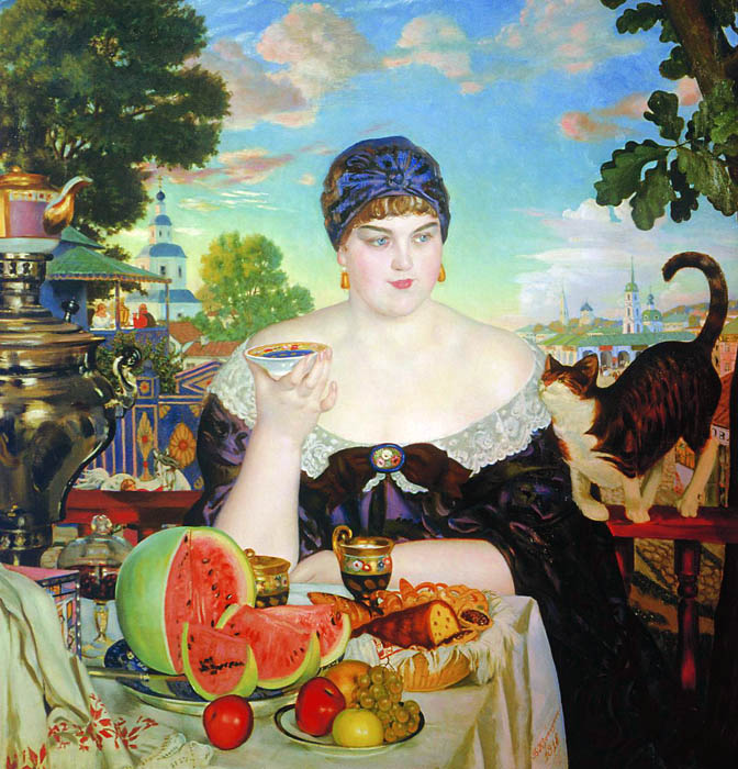 Merchant woman drinking tea, 1918, Kustodiev Boris, The Russian Museum, St.Petersburg paintings to artist of ArtRussia
