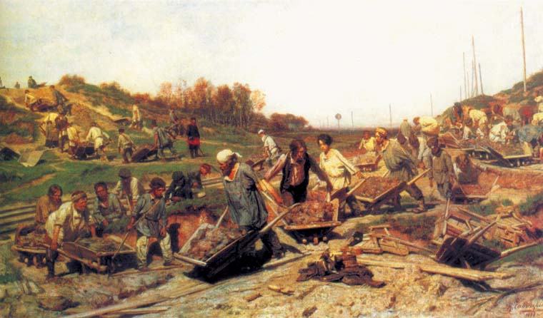Repair Work on the Railwey, 1874, Savitsky Konstantin, The Tretyakov Gallery, Moscow paintings to artist of ArtRussia