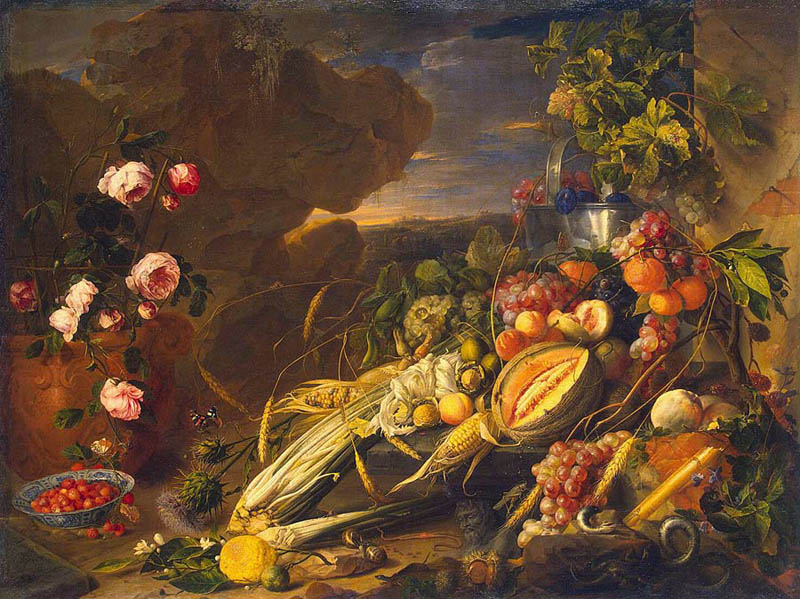 Fruits and vase of flowers, 1655, Heem Jan Davidsz de, Hermitage, St. Petersburg paintings to artist of ArtRussia