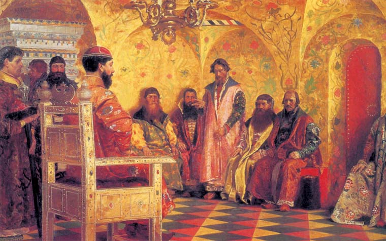 Sitting of king Michael Fedorovicha with boyars in his public room, 1893, Ryabushkin Andrey, The Tretyakov Gallery, Moscow paintings to artist of ArtRussia